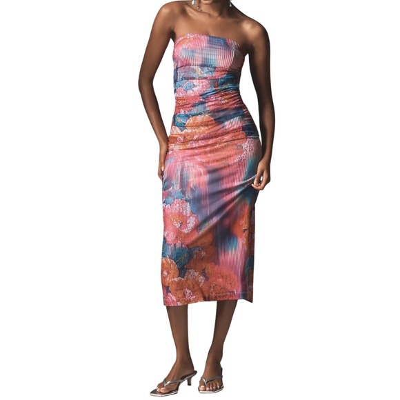 Anthropologie Dresses & Skirts - ANTHROPOLOGIE Soleil Slim Strapless Midi Dress L and XL Ruched Mesh Pink Floral